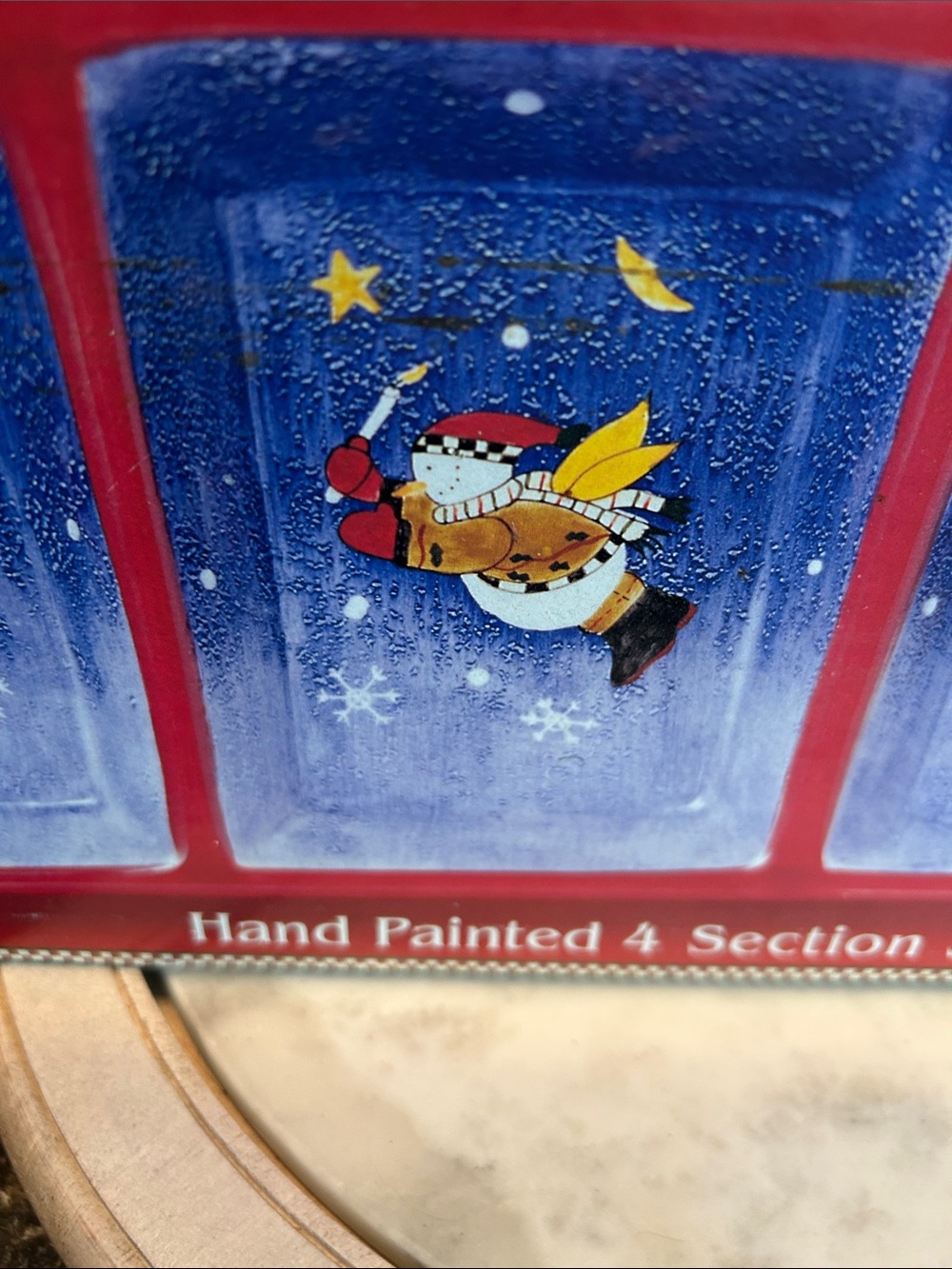 Hand-Painted Holiday 4-Section Serving Tray - Blue Panels with Snow Angel - Picture 3 of 8
